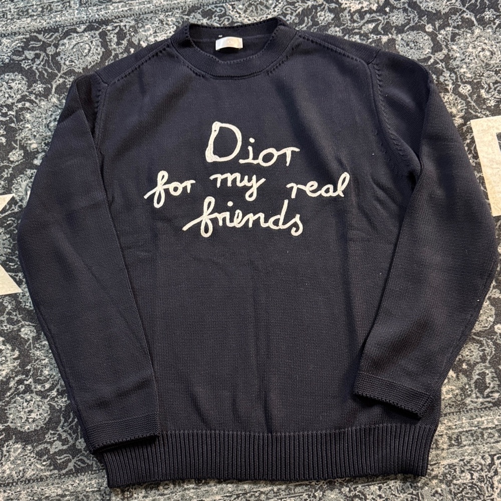 Dior Navy Crewneck Sweater with White Script Logo